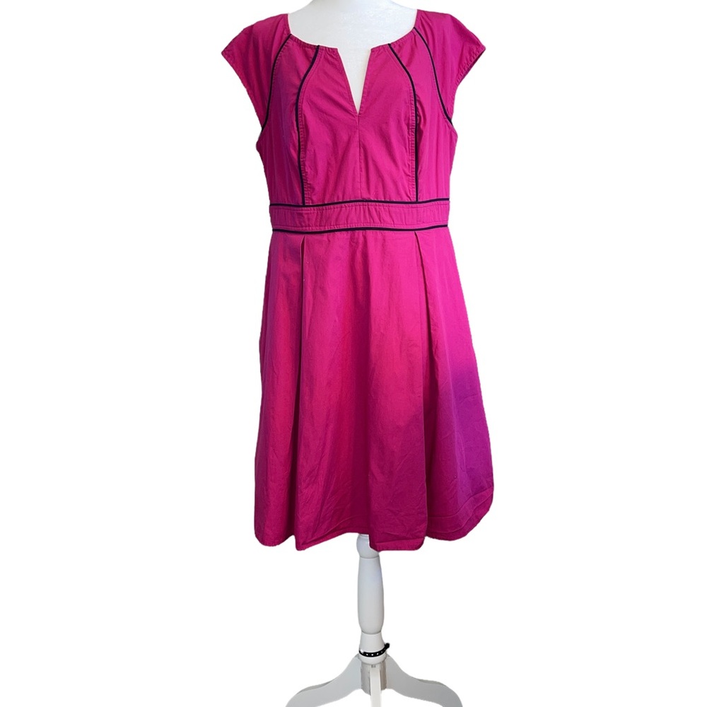 eShakti Dress Pink w/Blue Piping Side Zip Cap Sleeves A-Line 100% Cotton
